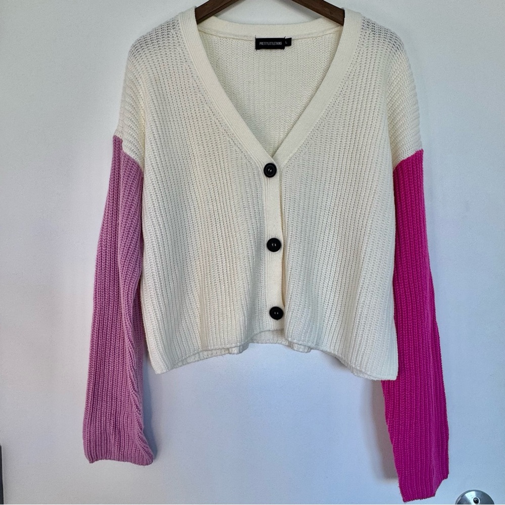 Large PrettyLittleThing White and Pink Sleeve Colorblock Button-Up Cardigan Cozy - Picture 4 of 12